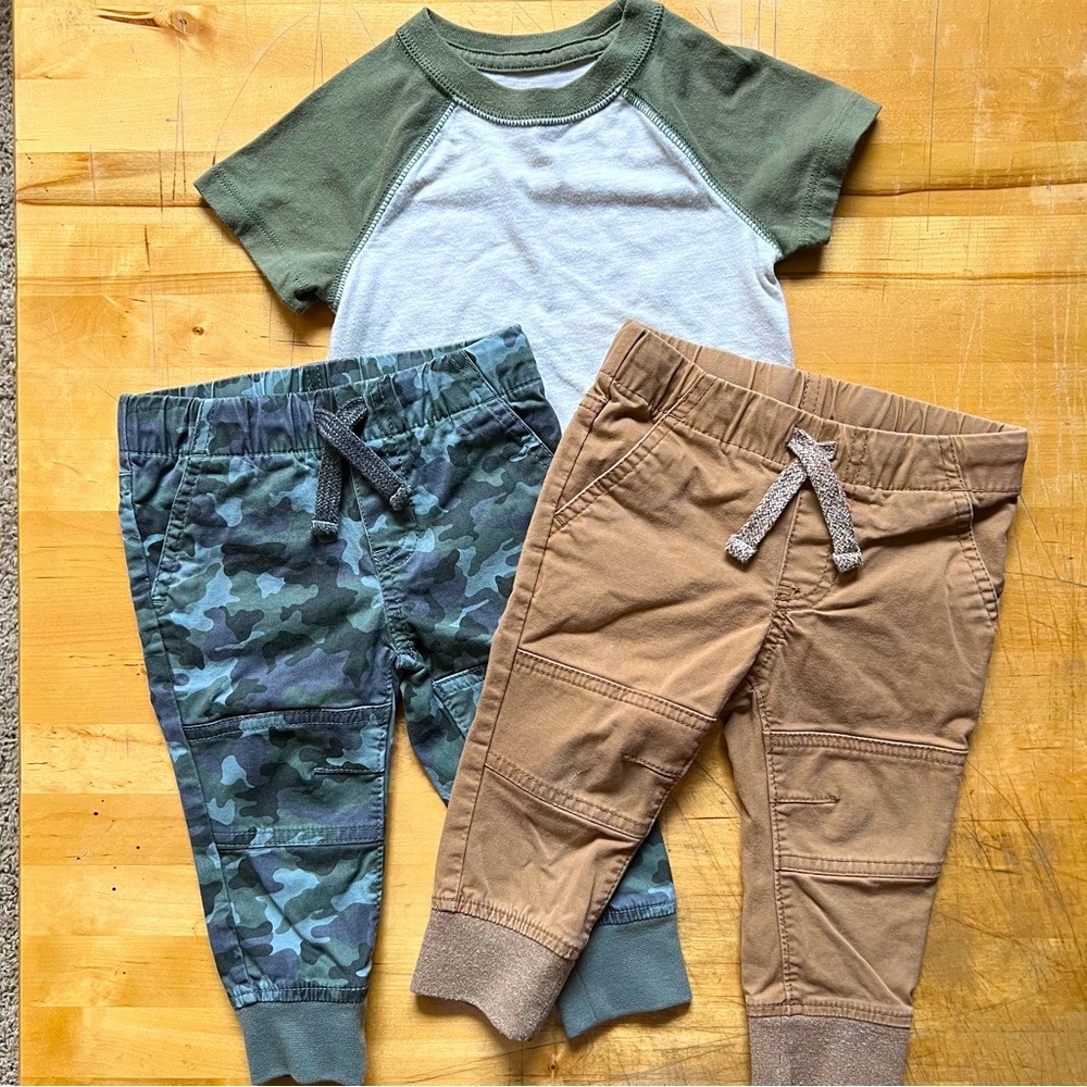 Cat & Jack Green Camo and Tan Pants with Shirt Bundle - size 12 months
